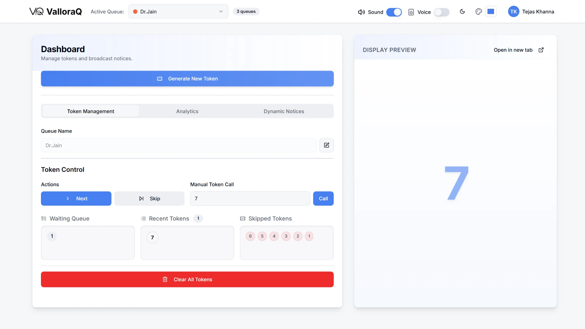ValloraQ front-desk dashboard with the Dr. Jain queue active, token controls and the display preview